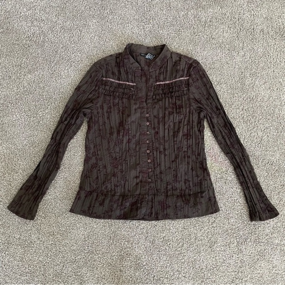 Antilia Femme Cottagecore Ruffle Button Front Shirt Women Large Boho Y2K Crinkle